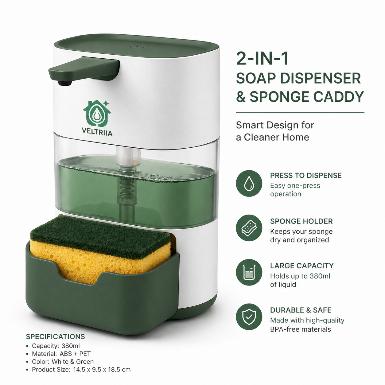 Veltriia 2-in-1 Soap Dispenser & Sponge Holder - Image 2